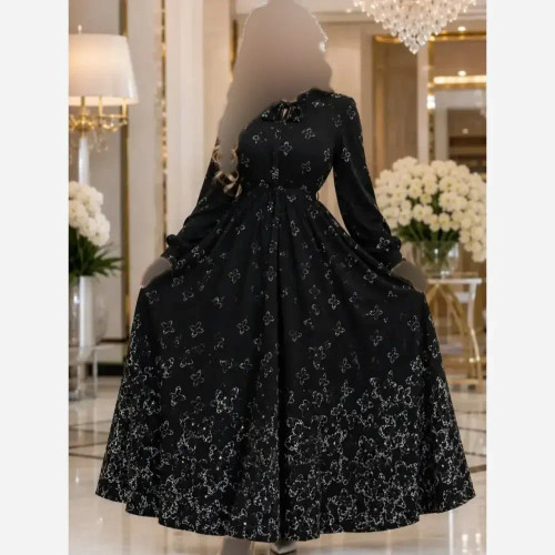 پیراهن طرحدار طناز جنس بوگاتی فری سایز رنگ مشکی قلبی و پروانه ای