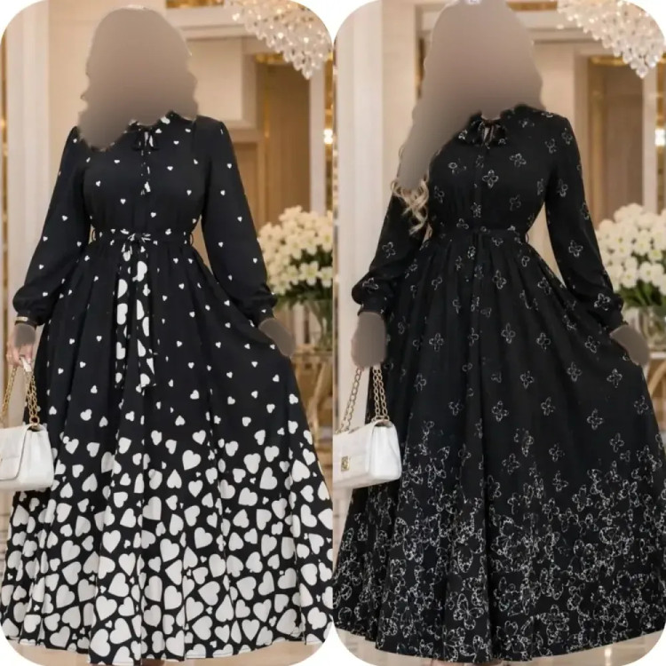 پیراهن طرحدار طناز جنس بوگاتی فری سایز رنگ مشکی قلبی و پروانه ای