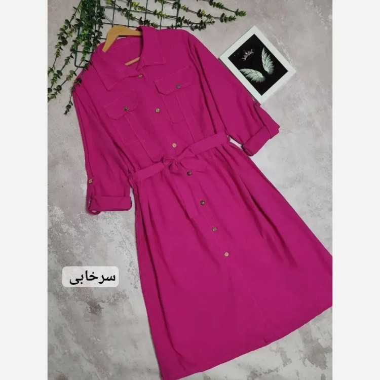 مانتو لینن ترک بلند زنانه مدل هاریکا با جیب و کمربند