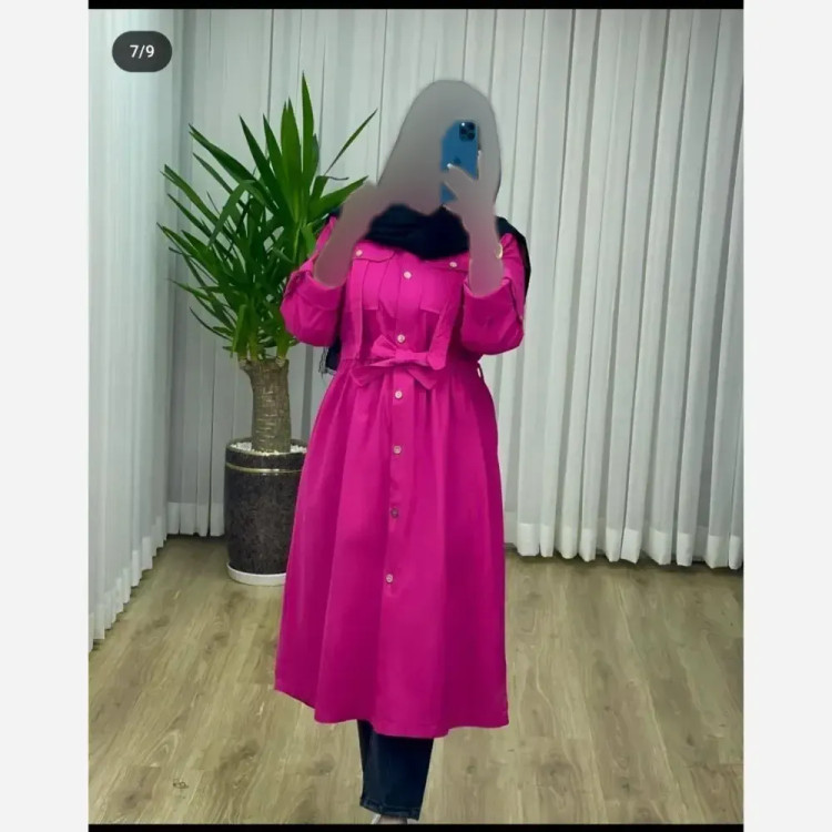 مانتو لینن ترک بلند زنانه مدل هاریکا با جیب و کمربند