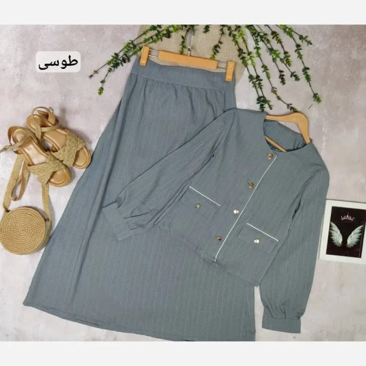 کت دامن مجلسی زنانه مدل دایانا جنس دبل ایوا اعلا رنگ سورمه ای طوسی نسکافه ای فری سایز