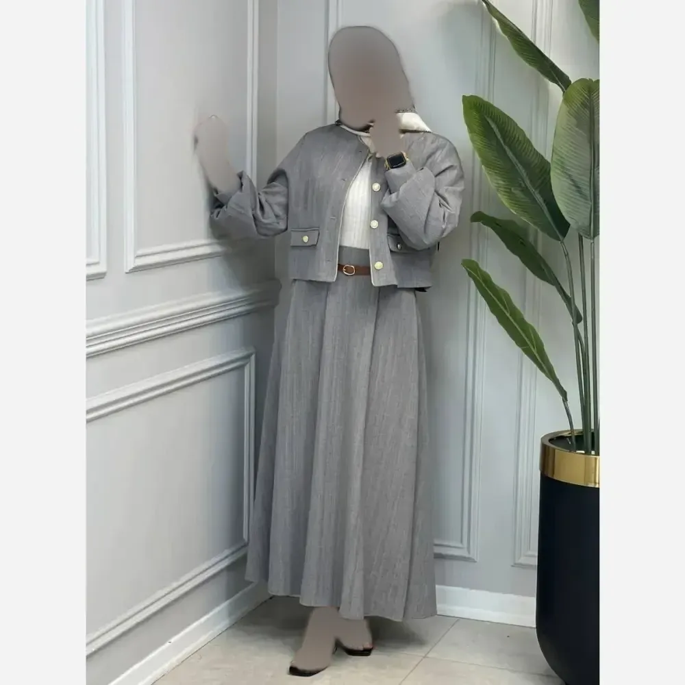 کت دامن مجلسی زنانه مدل دایانا جنس دبل ایوا اعلا رنگ سورمه ای طوسی نسکافه ای فری سایز