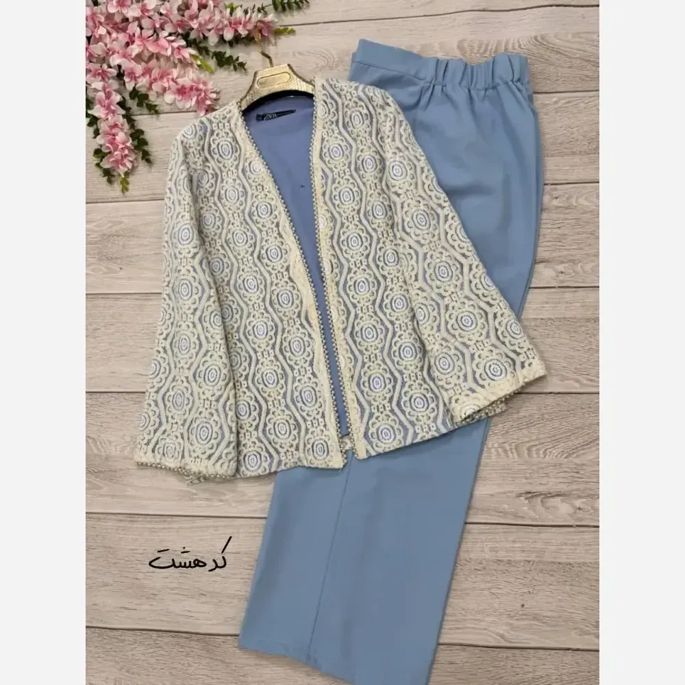 کت و شلوار زنانه گندم جنس مازراتی و گیپور رنگ مشکی سایز 1 و 2