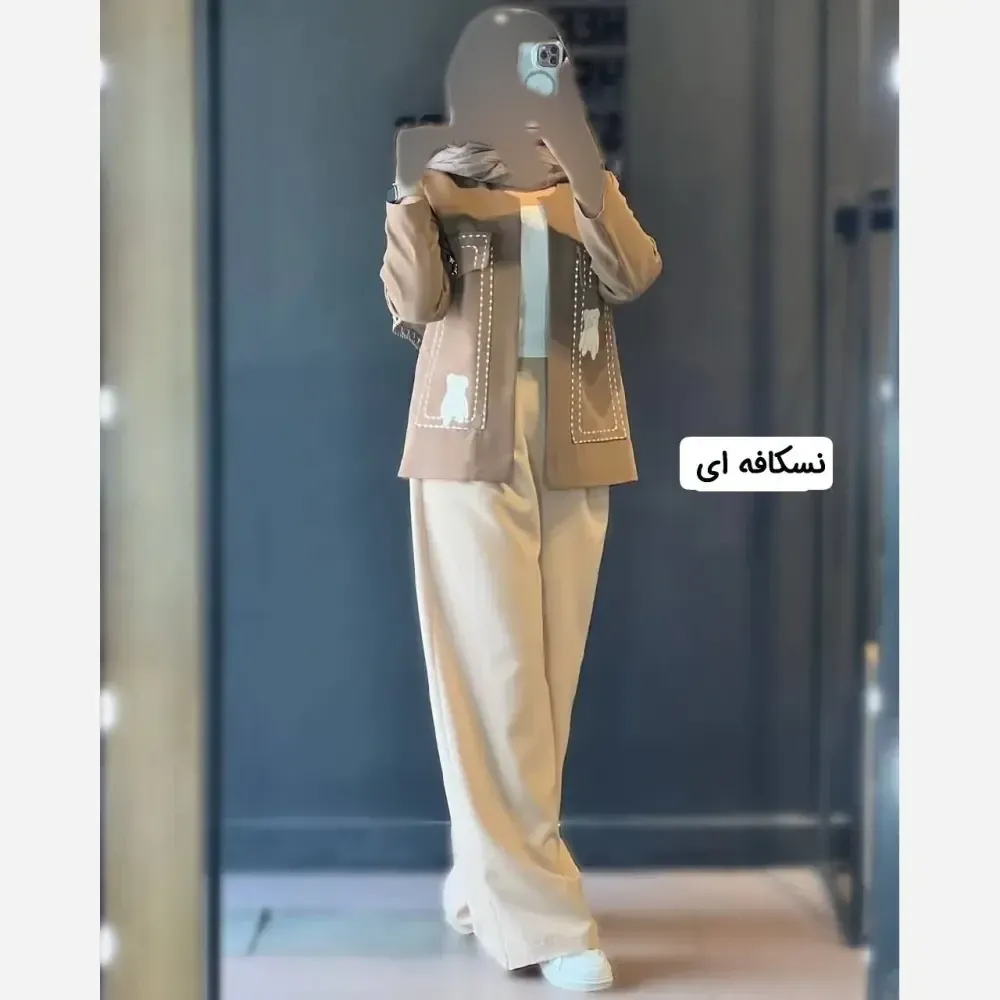 کت و شلوار زنانه گلدوزی پاندا جنس مازراتی رنگ استخوانی سرمه ای نسکافه ای