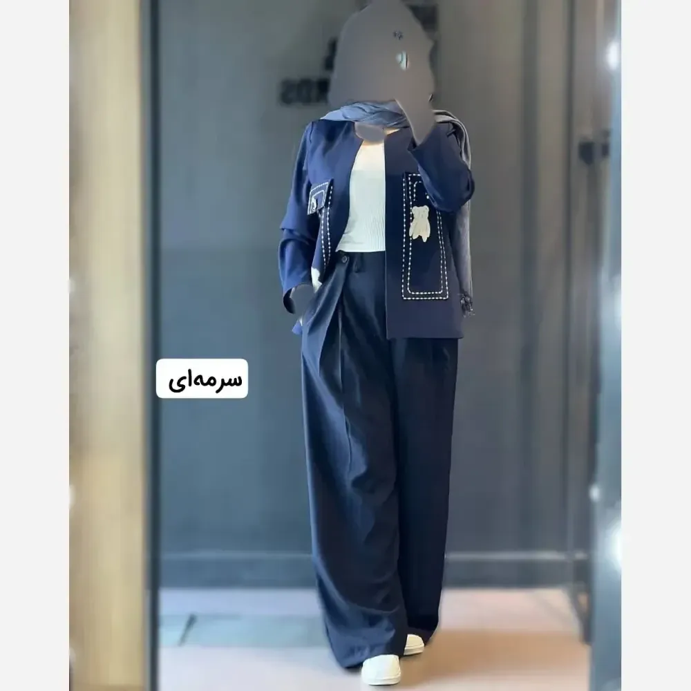 کت و شلوار زنانه گلدوزی پاندا جنس مازراتی رنگ استخوانی سرمه ای نسکافه ای