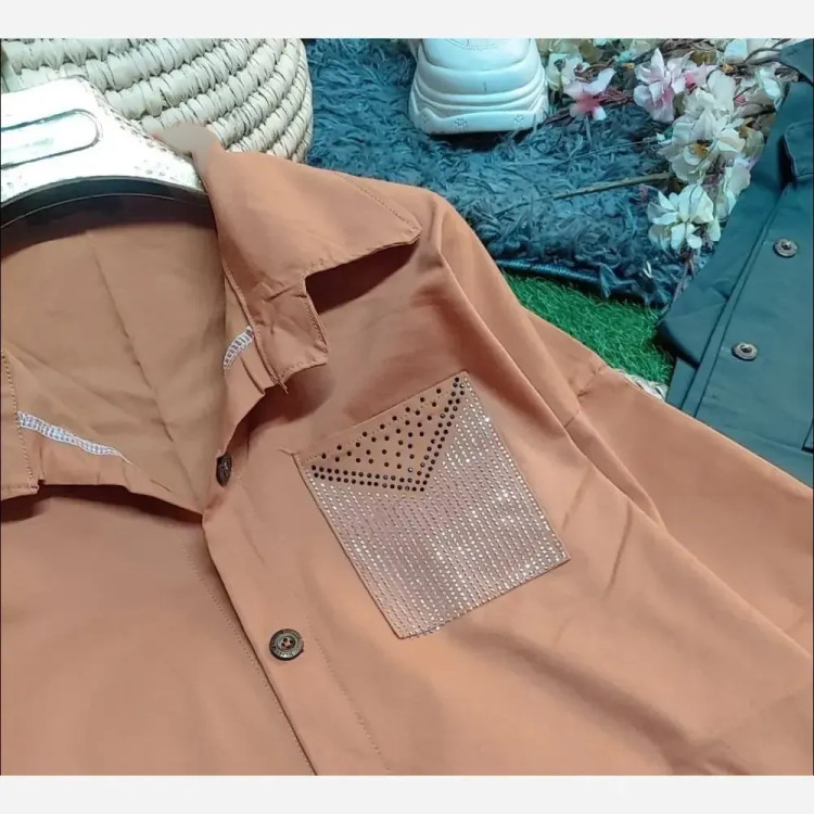 شومیز جیب نگین کتان جنس کتان اعلا وارداتی فری سایز 38 تا 46