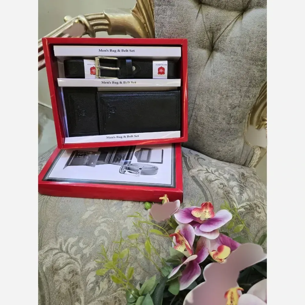 پک هدیه مردانه چرم شامل کیف پول کمربند و جاکارتی رنگ مشکی و عسلی
