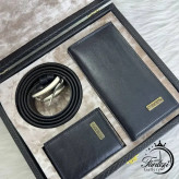 پک هدیه مردانه چرم شامل کیف پول کمربند و جاکارتی رنگ مشکی و عسلی