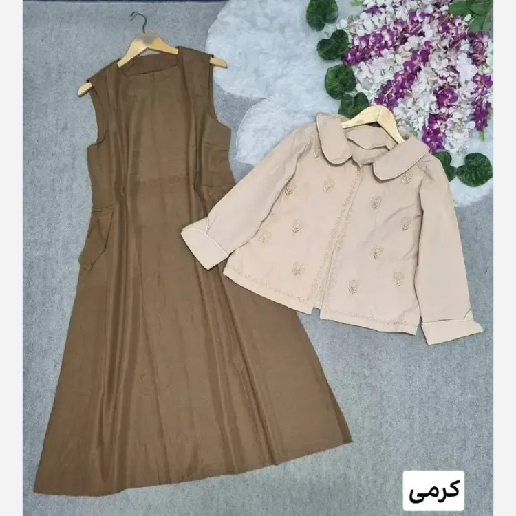 ست کت و سارافون زنانه لنین پلاس رنگ نسکافه ای و کرمی فری سایز