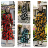 پیراهن زنانه کرپ حریر گل درشت یقه چپ و راستی فری سایز