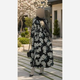 پیراهن زنانه کرپ حریر گل درشت یقه چپ و راستی فری سایز