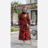 پیراهن زنانه کرپ حریر گل درشت یقه چپ و راستی فری سایز