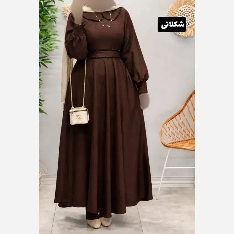 پیراهن بلند الیزه خرجکاری مروارید دامن کلوش کمربنددار فری سایز