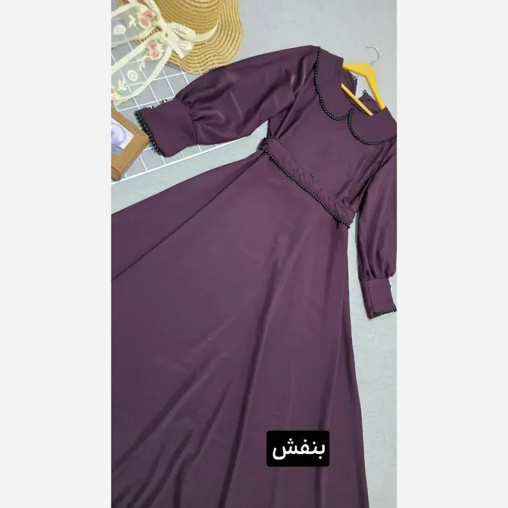 پیراهن بلند الیزه خرجکاری مروارید دامن کلوش کمربنددار فری سایز