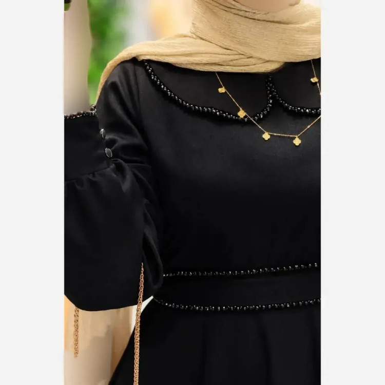 پیراهن بلند الیزه خرجکاری مروارید دامن کلوش کمربنددار فری سایز