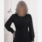 پیراهن مجلسی زنانه کرپ حریر مشکی منجوق دوزی شده سایز بزرگ