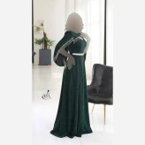پیراهن ماکسی مجلسی زنانه لمه درجه یک کاپدار کمربند نگینی سایز بزرگ روشنا مشکی یشمی