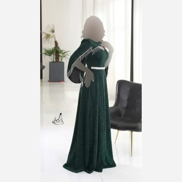 پیراهن ماکسی مجلسی زنانه لمه درجه یک کاپدار کمربند نگینی سایز بزرگ روشنا مشکی یشمی