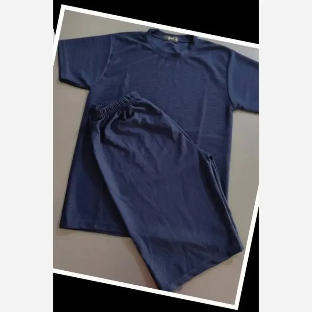 تیشرت شلوارک مردانه جنس بیسکوییتی رنگ مشکی سورمه ای سفید سایز L و XL