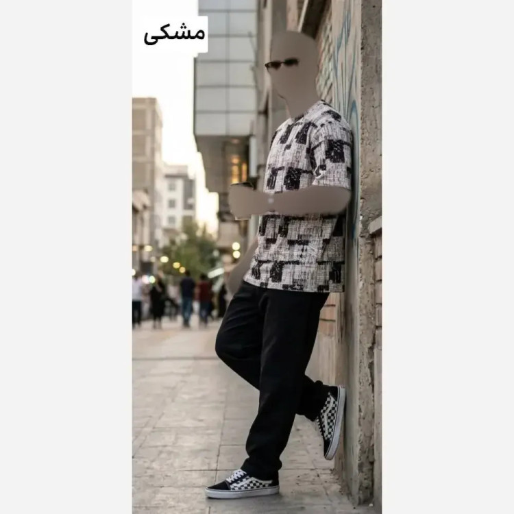 تیشرت بیسکوییتی چاپی سایز بزرگ مردانه مشکی موکا طوسی