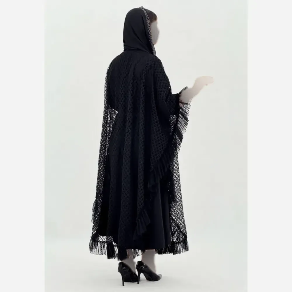 سارافن و رویه دانتل مجلسی زنانه مشکی فری سایز 38 تا 46 قد 125 سانت
