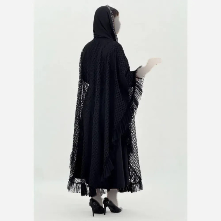 سارافن و رویه دانتل مجلسی زنانه مشکی فری سایز 38 تا 46 قد 125 سانت