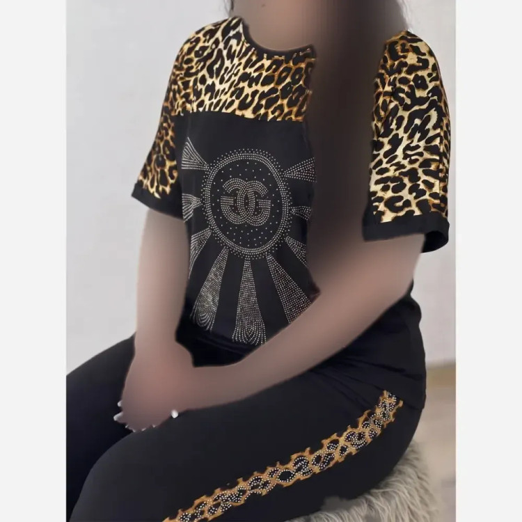 ست تیشرت و شلوار ویسکوز الیزه فول کش نگین دار D&G فری سایز