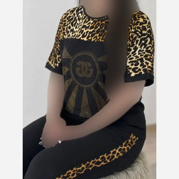 ست تیشرت و شلوار ویسکوز الیزه فول کش نگین دار D&G فری سایز