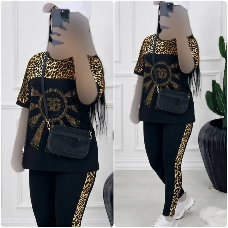 ست تیشرت و شلوار ویسکوز الیزه فول کش نگین دار D&G فری سایز