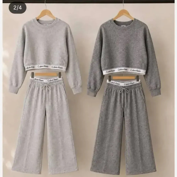 ست دو تیکه دخترانه ملانژ دورس لاکرا دار سایز 45 تا 60