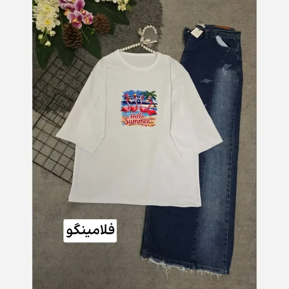 تیشرت تابستانه پنبه گلکسی فری سایز 38 تا 48 زنانه در رنگ های هاوایی و فلامینگو