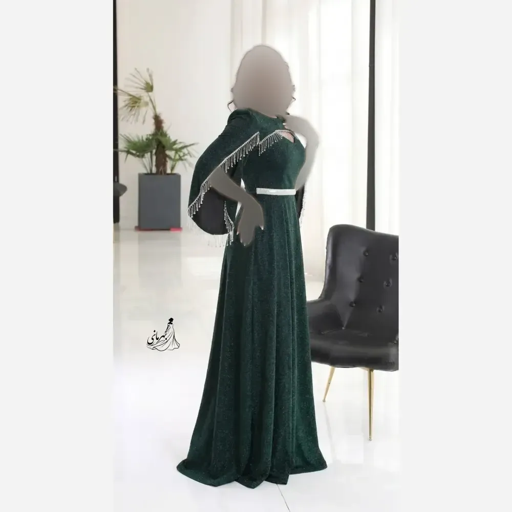 پیراهن مجلسی زنانه لمه درجه یک بلند کاپدار با کمربند نگینی سایز بزرگ