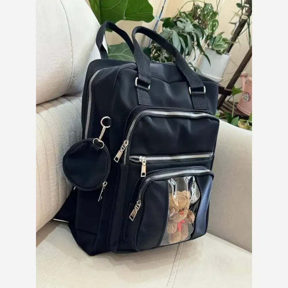 کیف دانشجویی عروسکی مشکی دیبا ضدآب بزرگ جا دار بند کوله دار