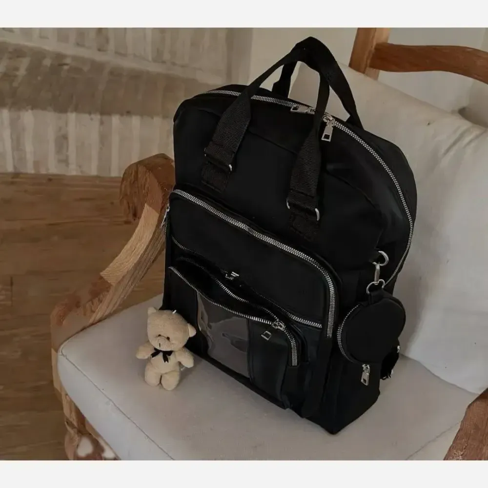 کیف دانشجویی عروسکی مشکی دیبا ضدآب بزرگ جا دار بند کوله دار