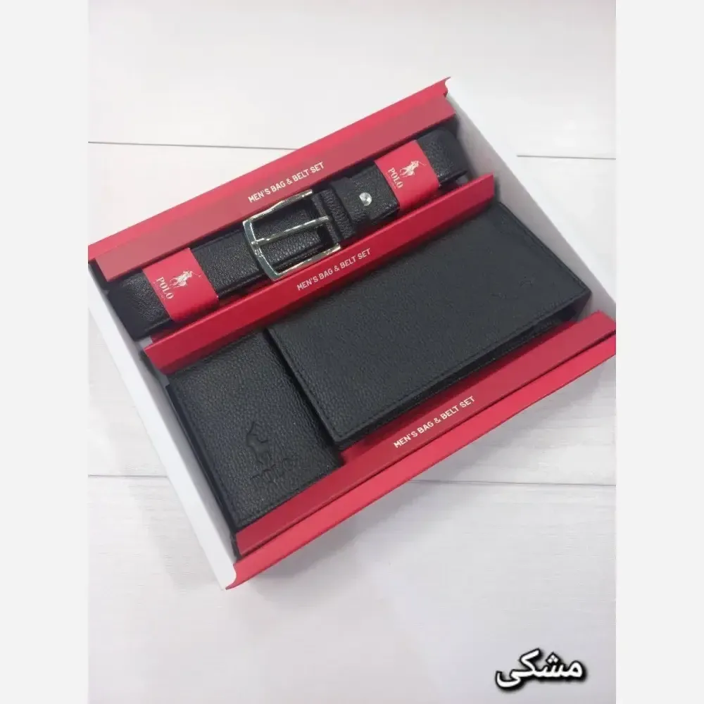 پک مردانه چرم شامل کمربند، جاکارتی و کیف پول - مشکی و عسلی - مناسب هدیه