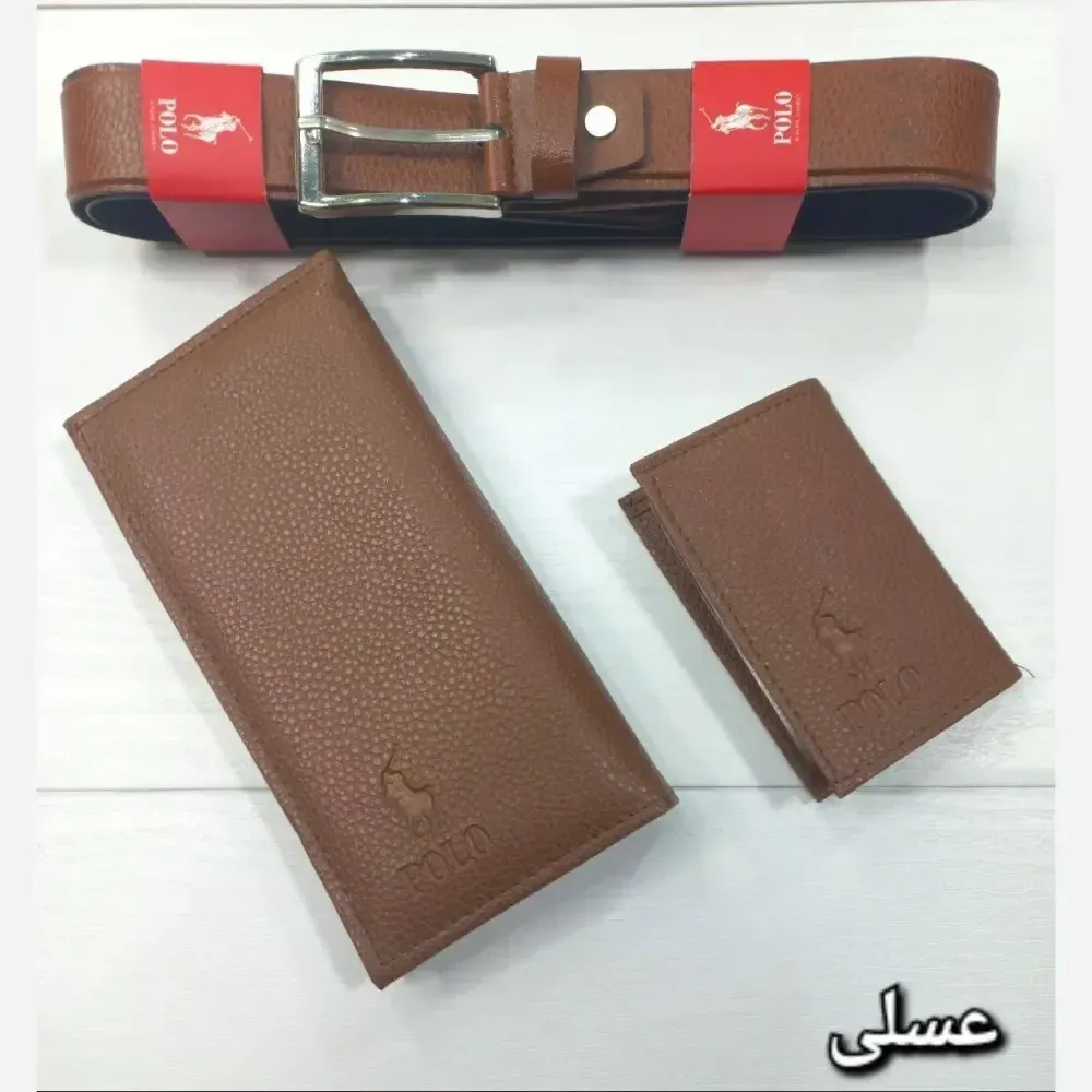 پک مردانه چرم شامل کمربند، جاکارتی و کیف پول - مشکی و عسلی - مناسب هدیه
