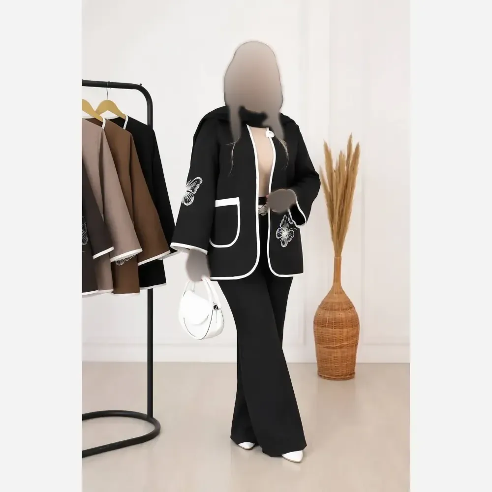ست مانتو شلوار مازراتی مدل ستاره رنگ مشکی و خاکی