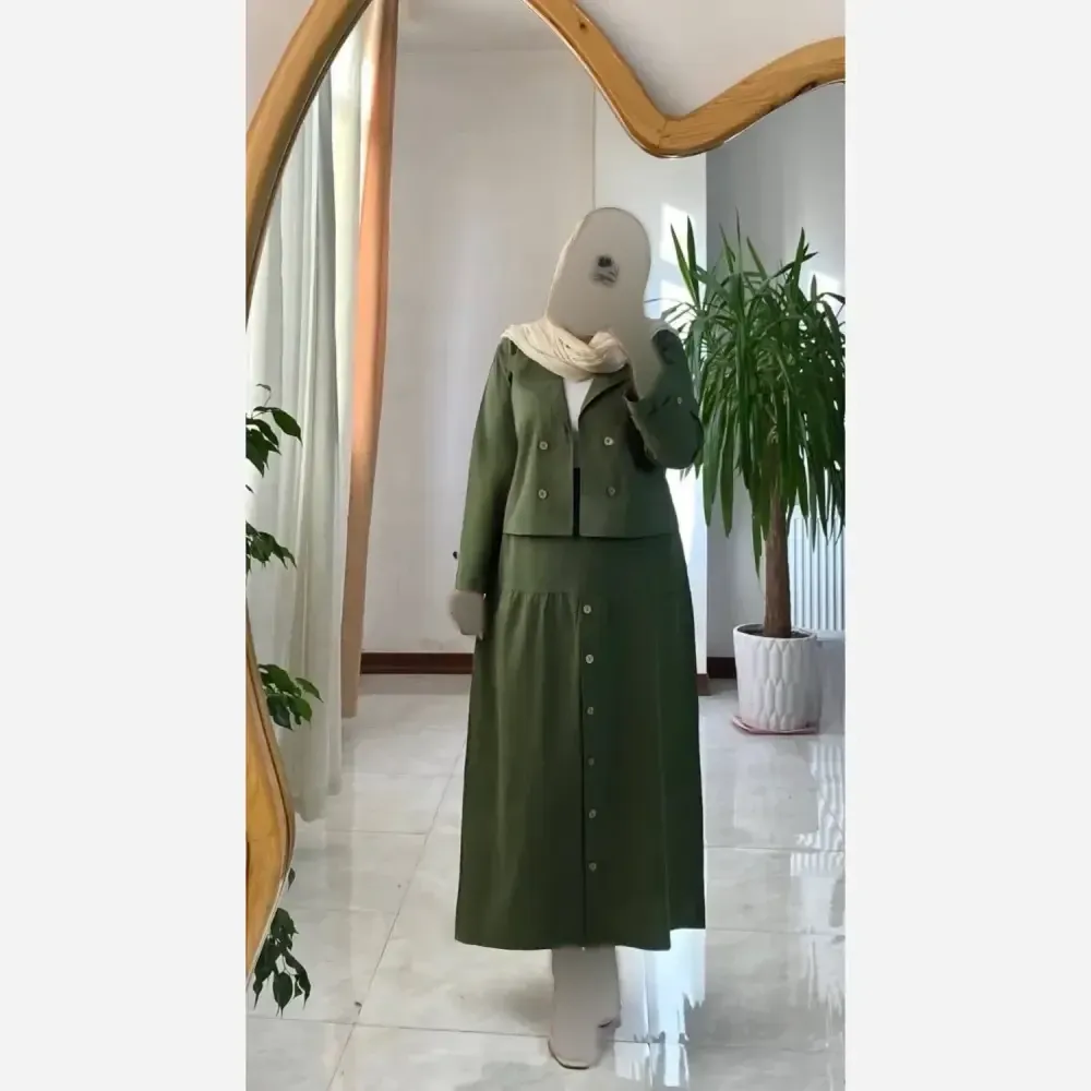 کت دامن لنین جلو دکمه مدل سروناز فری سایز