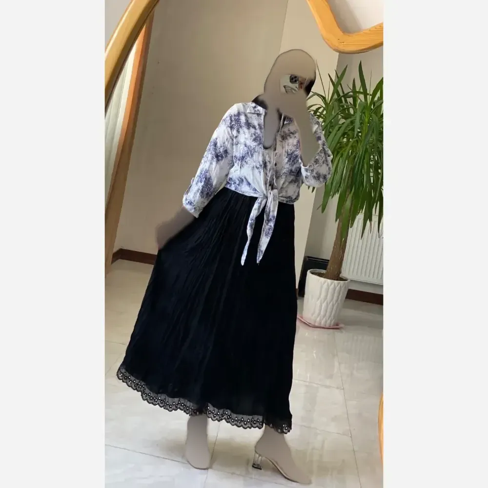 دامن قواره دار چروک زنانه کرپ خاویار مشکی فری سایز