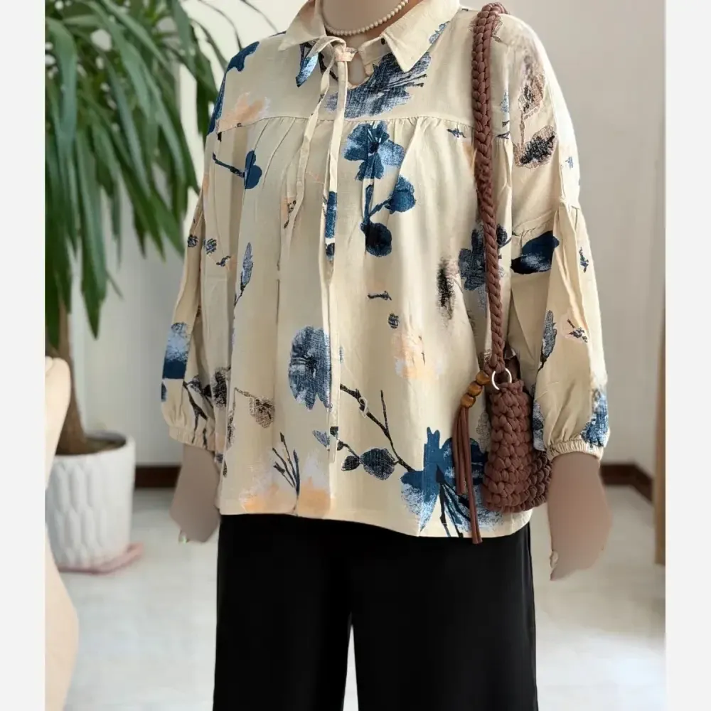 شومیز عروسکی گلدار لنین ایتالیایی درجه یک سایز فری فریز 38 تا 50