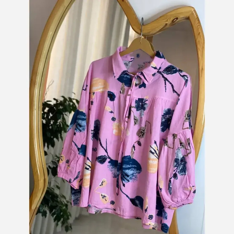 شومیز عروسکی گلدار لنین ایتالیایی درجه یک سایز فری فریز 38 تا 50