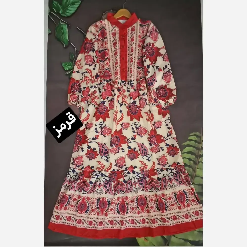 پیراهن ساحلی زنانه جنس بوگاتی فری سایز 38 تا 48 یقه دکمه دار با کمربند قد 135