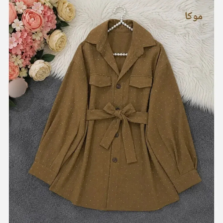 مانتو کمربند دار ینزی فول نگین فری سایز تا 48