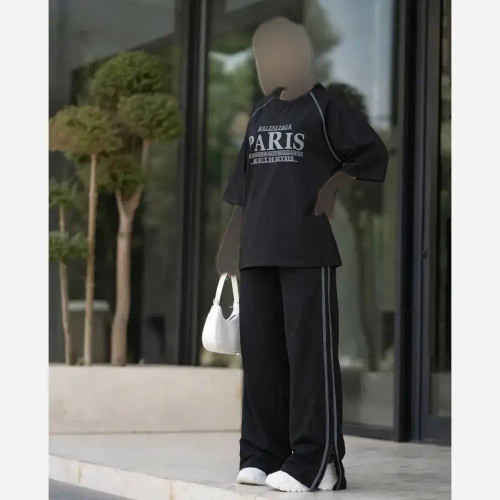 ست شومیز و شلوار تابستانی زنانه مدل پاریس جنس شانتون کبریتی رنگ مشکی فری سایز