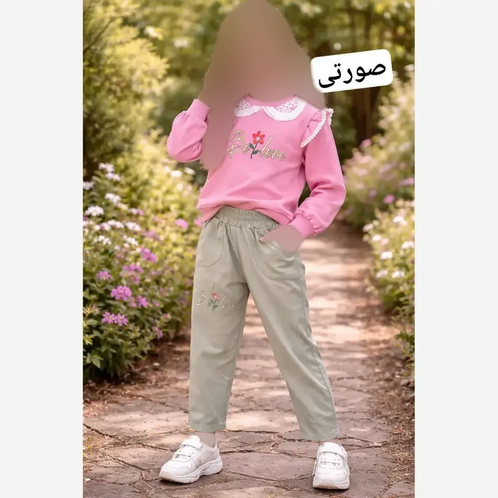 ست بلوز و شلوار دورس پنبه و کتان آستین چیندار دخترانه