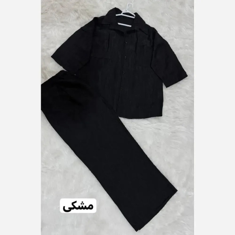 ست شومیز و شلوار طرح موج جنس شانتون ژاکارد فری سایز رنگ مشکی کرم آبی سبز