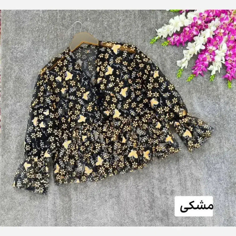 شومیز توری زنانه تور درجه یک فری سایز رنگ مشکی و طلایی