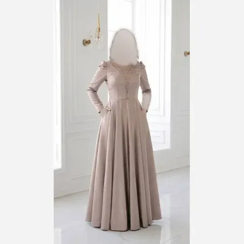 ماکسی مجلسی یقه هفتی ساتن تافته گرم بالا رنگ موکا و صورتی سایز 38 تا 44