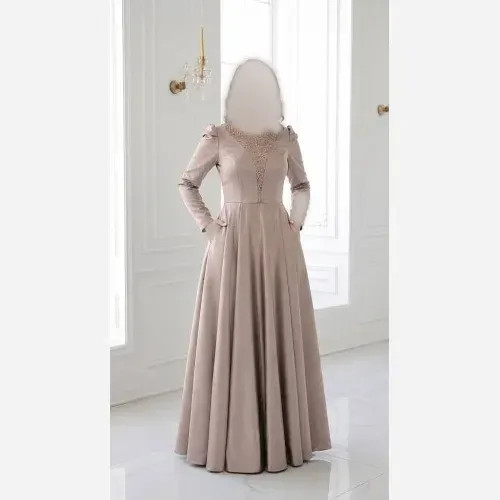ماکسی مجلسی یقه هفتی ساتن تافته گرم بالا رنگ موکا و صورتی سایز 38 تا 44