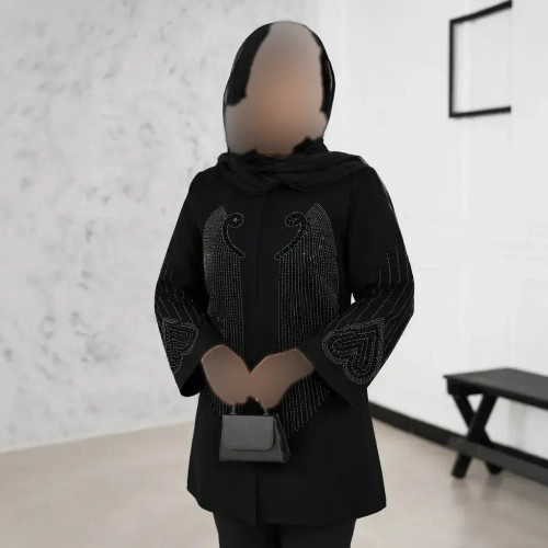 کت مجلسی زنانه مشکی جنس شانتون اندونزی نگین کوبی و مروارید کوبی شده